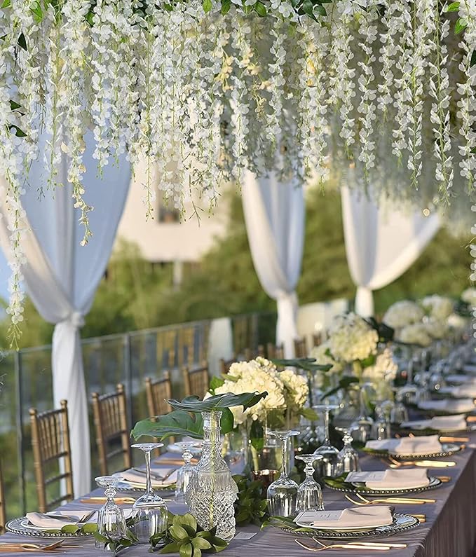 12Pcs Artificial Wisteria Flowers 3.6 Feet/Piece White Dense Artificial Fake Wisteria Vine Ratta Hanging Garland Silk Flowers String Home Party Wedding Decor(White-Dense)