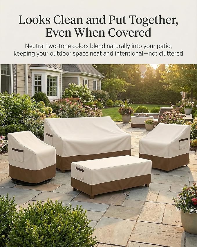 4-Piece Patio Furniture Cover Set, Waterproof Outdoor Furniture Covers for Loveseat, Patio Chairs & Coffee Table, Heavy-Duty 600D, Fade & UV-Resistant, Breathable, All-Season Protection, Beige&Brown