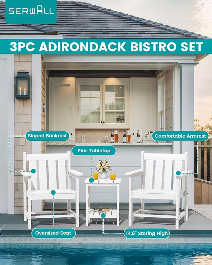 SEWRWALL Patio Furniture Set, HDPE Material All Weather Use Adirondack Chair Set with Side Table for Balcony, Porch, Garden, Backyard- White