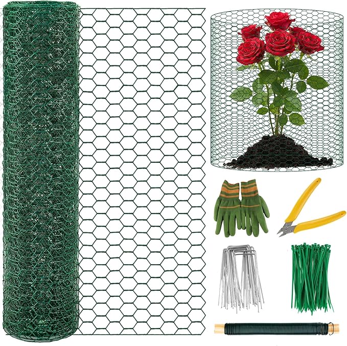 Convivium Plant Protectors from Animals, 0.8mm Free-Cut Green Chicken Wire Mesh, PVC Coated Tree Trunk Guard & Garden Fence for Outdoor Plants with Zip Ties, Stakes, Pliers, Gloves（16.4Ft*24In）