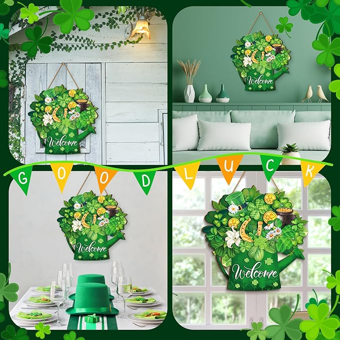 Juexica St. Patrick's Day Welcome Door Sign Lucky Hanging Decor St. Patrick's Day Wooden Sign Irish Decorations Lucky Shamrock Door Hanger for Outdoor Porch Home Living Room