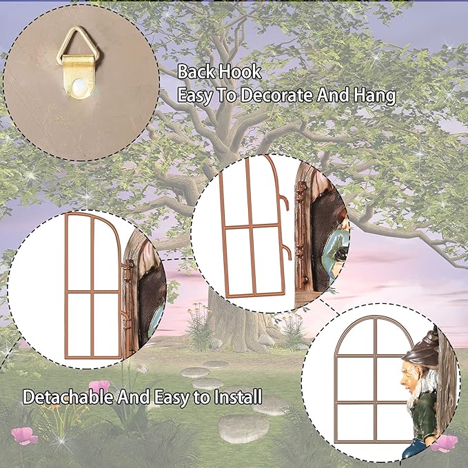 Thyle 4 Pieces Garden Gnomes Outdoor Tree Hugger Gnome Fairy Statue Elf Out The Door Resin Figurine Hanging Ladder Decoration Tree Faces Decor Outdoor for Patio Yard Lawn(Rustic Style)