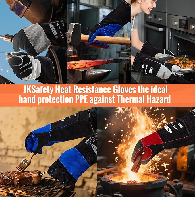 JKSafety Welding Gloves for Men,932°F Heat Resistant Gloves Mitts for Welders,Stick,Tig,Mig,Forge,Oven,Fireplace,Furnace