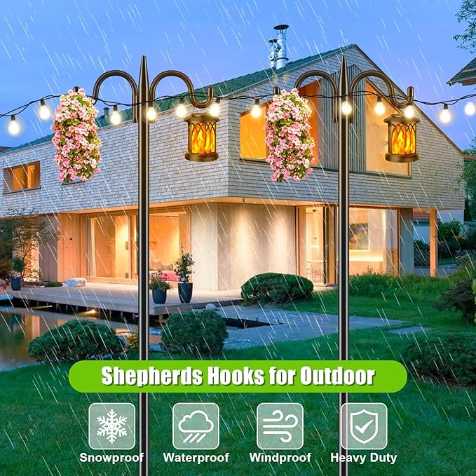 Gtongoko Double Shepherds Hook for Outdoor, 63 Inch Heavy Duty Bird Feeder Pole 5/8 Inch Thick Garden Hooks for Hanging Hummingbird Feeder, Plant Baskets, Solar Light Lanterns, 1 Pack