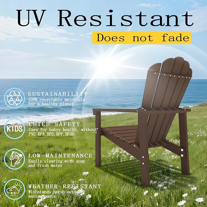 Stackable Adirondack Chair Set of 2, HDPE All-Weather Adirondack Chairs - Durable and Space Saving, Plastic Outdoor Fire Pit Chairs with Cup Holder,Brown