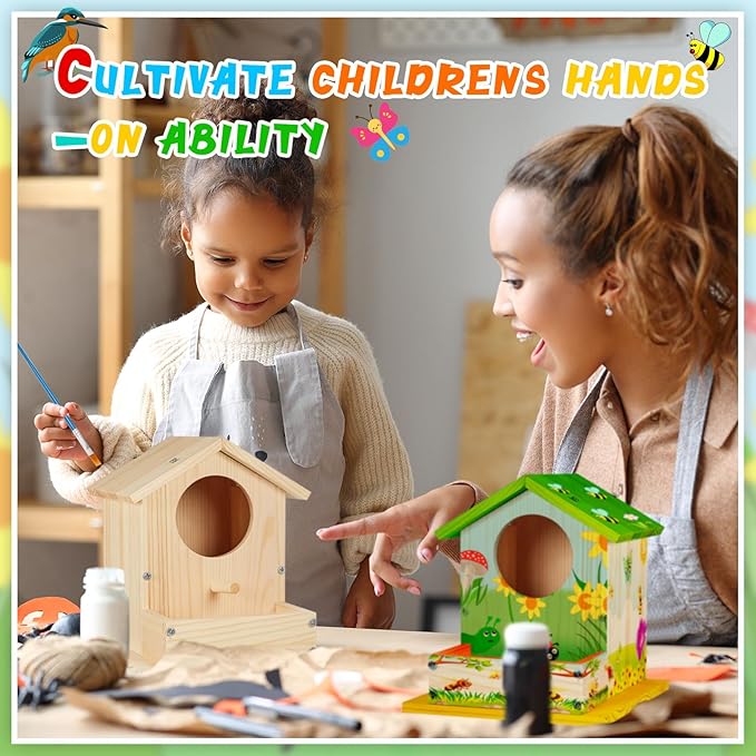 Liliful 16 Pack Wooden Birdhouse Kit DIY Bird House with Paint and Paintbrushes Art and Crafts Painting Kits for Boys Girls Adults Build Paint Classroom Birthday Indoor Outdoor Craft