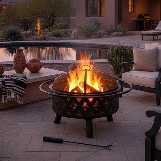 Sunnydaze Crossweave Outdoor Fire Pit - Wood-Burning Fire Pit for Outside with Spark Screen, Poker and Round Cover - 30-Inch - Black