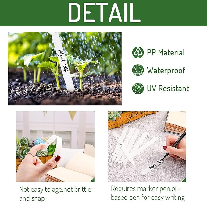 Whaline 200Pcs Thick Plastic Plant Labels with Hole White Garden Stakes Waterproof Garden Tag Signs for Greenhouse Seedlings Flowers Spotted Plants with 2 Marker Pen and A Roll of Twine (10 CM)