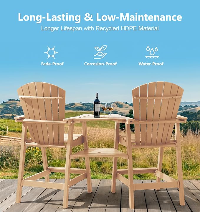 PASAMIC Tall Adirondack Chair Set of 2, All-Weather HDPE Outdoor Chairs with Removable Double Trays, Bar Height Adirondack Chairs for Balcony, Deck, Patio, Backyard, Wood