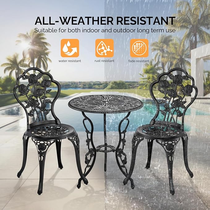 VINGLI 3 PCS Outdoor Bistro Set, Outdoor Patio Set, All-Weather Cast Aluminum Bistro Table Set, Bistro Table and Chairs Set of 2 for Backyard, Garden, Balcony (Black, Rose)