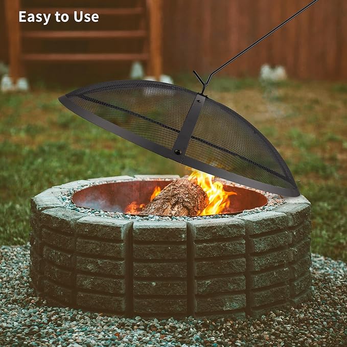 WeCooper 40Inch Round Fire Pit Spark Screen Cover,Outdoor Patio Mesh FirePit Screens,Heavy Duty Steel Domed Fire Pit Ember Guard with Handle
