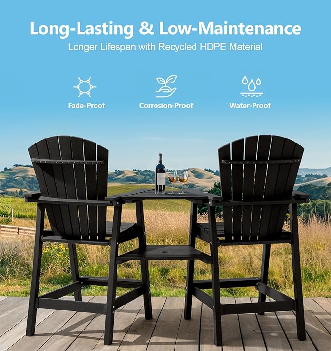 PASAMIC Tall Adirondack Chairs Set of 4, All-Weather HDPE Patio Chairs with Double Connecting Trays, Bar Height Heavy-Duty Outdoor Chairs for Garden, Backyard, Balcony, Black