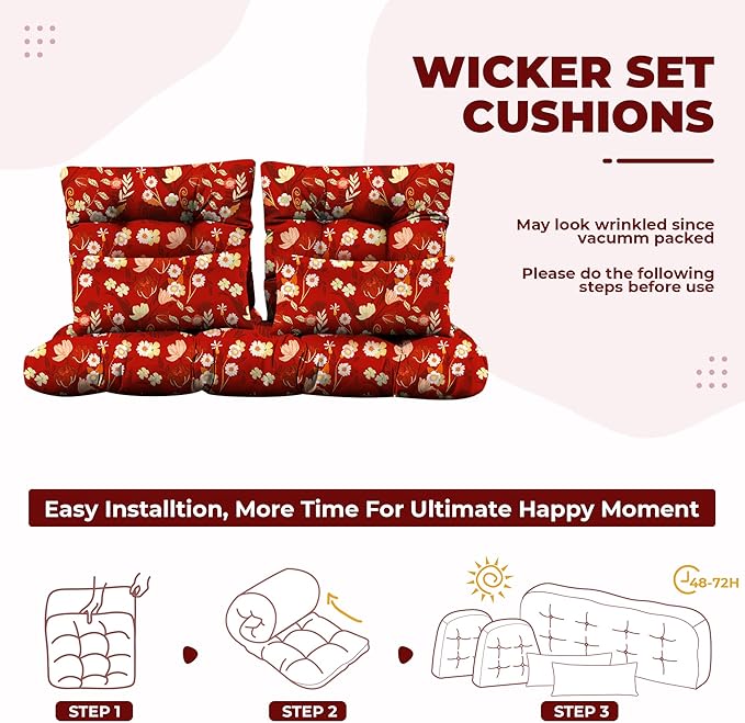Wicker Chair Cushions of 5 Pieces, Waterproof Outdoor Loveseat Cushion for Wicker Furniture, 1 Love Seat Cushion, 2 U-Shape and 2 Lumbar Pillows for Patio Furniture (Red Flower)