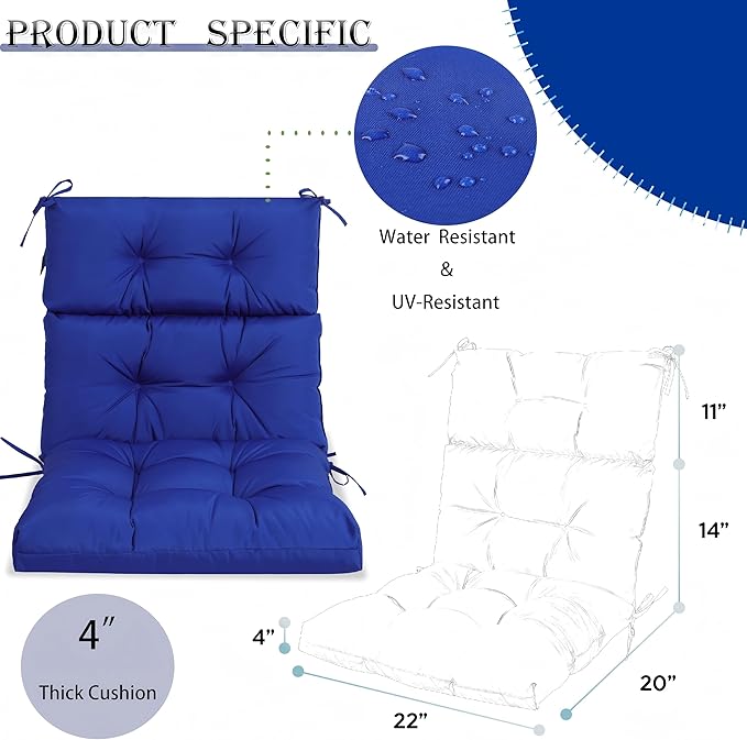 Only choice High Back Chair Cushions,Adirondack Chair Cushion with Waterproof All-Weather, Rocking Chair Cushion for Outdoor Patio, Garden Porch 44”x 22”x 4,Set of 2 (2, Blue)