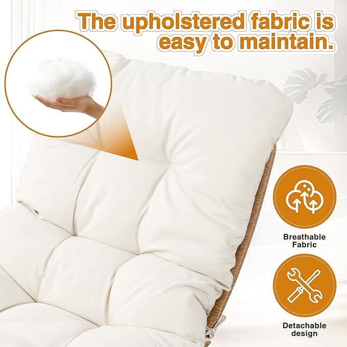 Shintenchi Outdoor Rattan Swivel Chair,Nature Wicker Patio Rotating Chair with Beige Thickened Cushion and Side Pocket,360° Rotation Patio Lounge Chairs for Living Room Bedroom Backyard Balcony