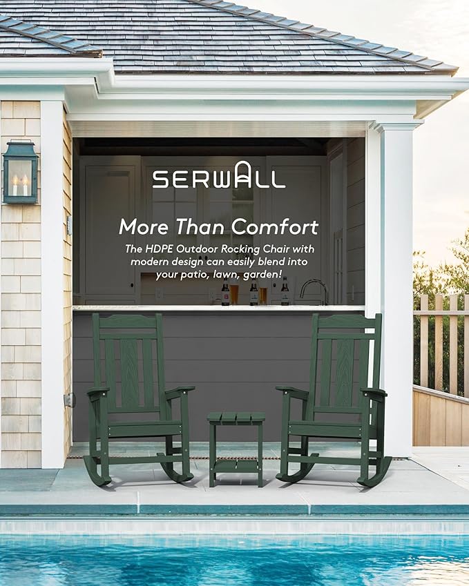 SERWALL Outdoor Rocking Chair Set of 2, Patio Rocking Chairs Set, HDPE Rocking Chair Outdoor for Adults, Heavy Duty Front Porch Rocker, Green