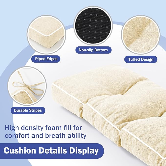 Bench Cushion, 36 x 14 Inch Patio Furniture Cushions with Durable Ties, Soft Memory Foam Bench Cushions for Indoor/Outdoor Furniture with Non-Slip Bottom, Kitchen&Dining, Beige