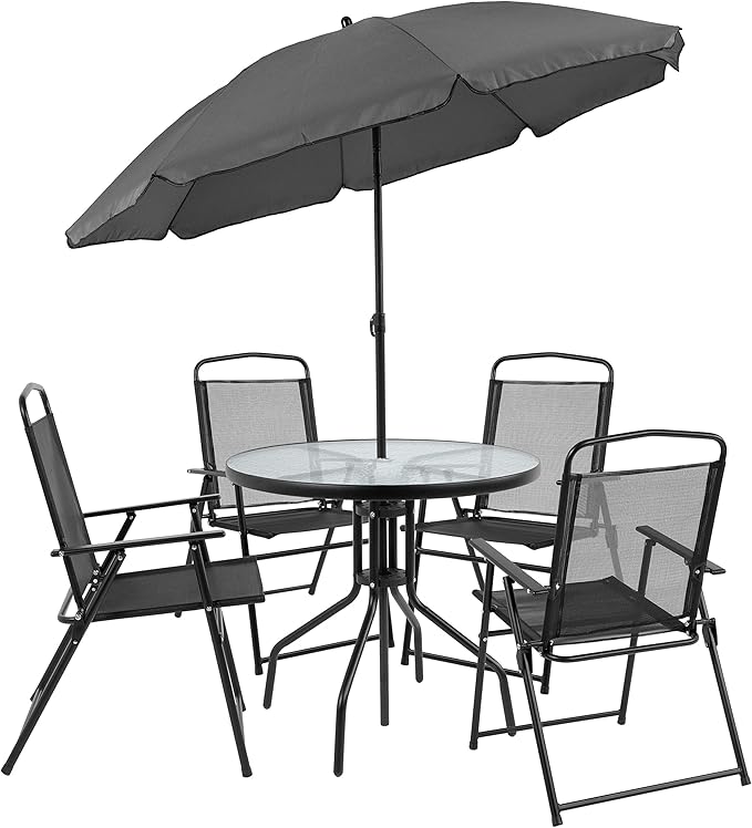 Flash Furniture Nantucket 6-Piece Patio Dining Set with Glass Table, 4 Folding Chairs, and Umbrella, Outdoor Patio Set, Black