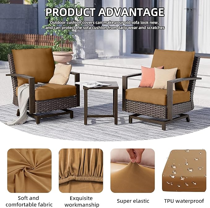 8Pcs Outdoor Cushion Covers, Patio Cushion Covers,Stretch Elastic Slipcovers, Replacement Washable & Reusable Furniture Protector for Patio Couch (Camel Color,Cover Only)