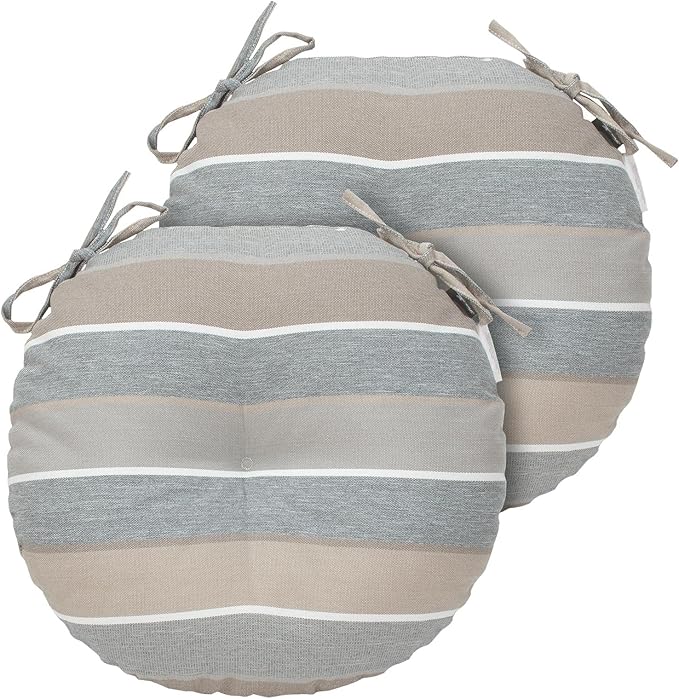 Bistro Chair Cushions 15 inch,Set of 2,Tufted Round Chair Cushions with Ties,15"x15"x4",Water Resistant Round Seat Cushion for Barstool Chairs,Patio Garden Kitchen Outdoor Furniture(Gray Stripe)