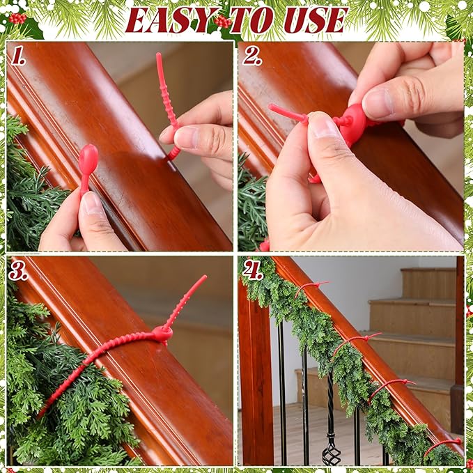 48 Pcs Red Christmas Flexible Garland Ties Assorted Size Adjustable Decorative Soft Ties Reusable Banister Garland Straps for Christmas Tree Mantel Fences Holiday Craft Wrapping