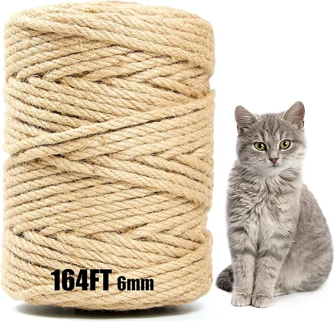 Natural Jute Twine String - 6mm x 164FT Long | Extra Strong & Eco-Friendly for Crafts, Gardening, Packaging, Cat Scratching Posts, and DIY Projects