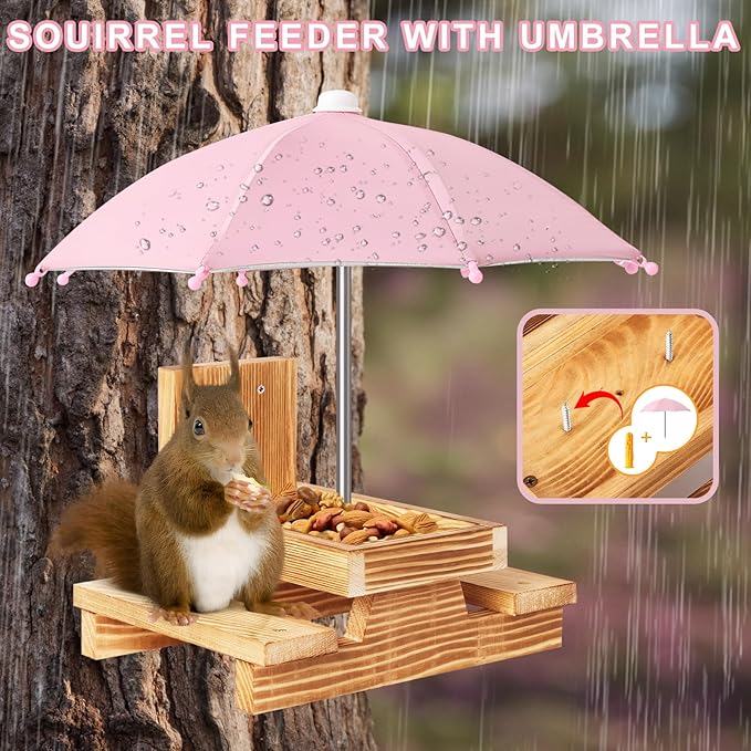 Gnodary Squirrel Feeder with Umbrella, Squirrel Feeders for Outside, Squirrel Picnic Table Feeder - Chipmunk Feeder Hold Corn, Corn Cob, Peanuts Style2 (Pink)