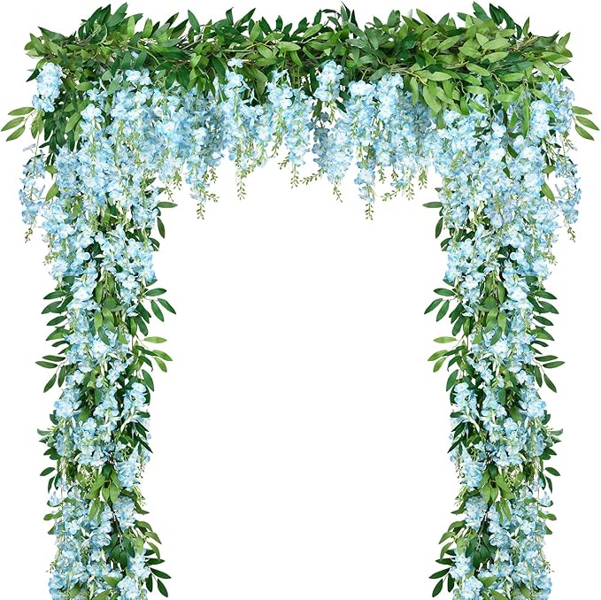 DearHouse 2Pcs 6 Ft/Piece Artificial Flowers Silk Wisteria Garland Artificial Wisteria Vine Rattan Silk Hanging Flower for Home Garden Outdoor Decor (Blue)