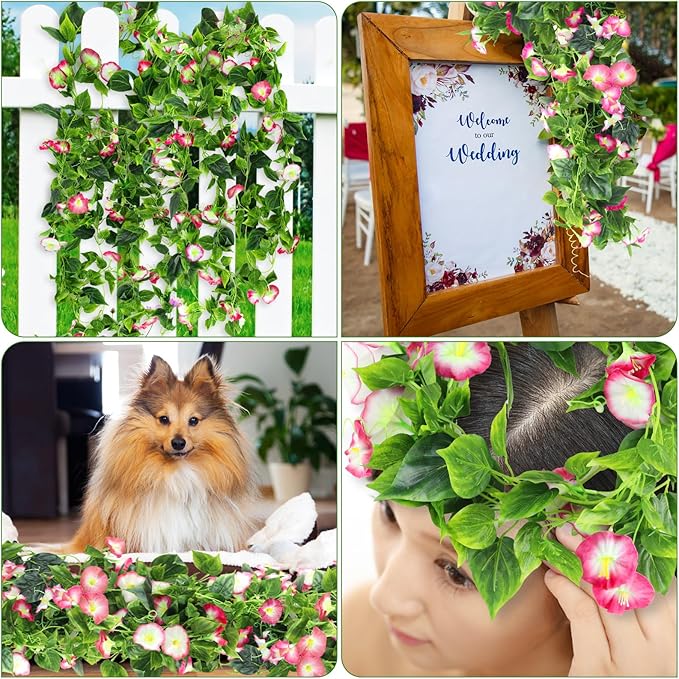 AirSun Artificial Morning Glory Flower Vines, 2pcs 15Feet Hanging Plants Silk Garland Fake Green Plant Home Garden Wall Fence Indoor Outdoor Wedding Birthday Decor