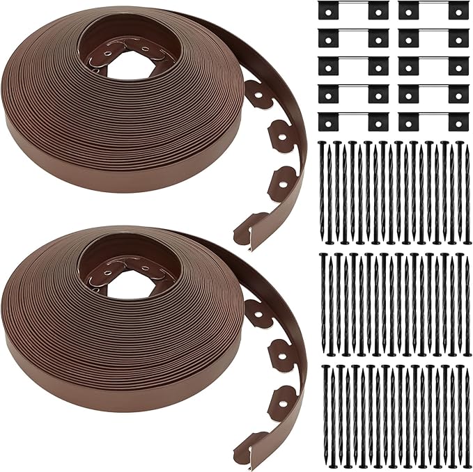 Sasylvia 1.5'' x 200' Landscape Edging Kit Edging Border Coil Include 120 Anchoring Spikes 10 Connectors Plastic Garden Border for Lawn Garden Grass Yard Home(Brown)
