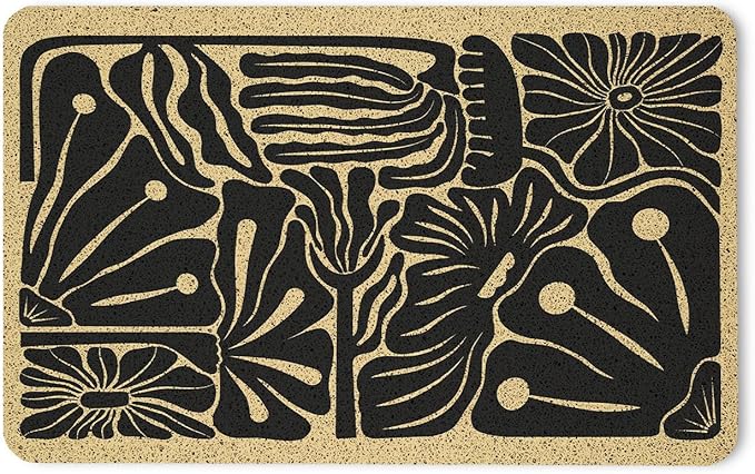 Boho Beige and Black Floral Door Mat - Bohemian Neutral Floral Front Door Welcome Mats Outdoor Entrance, 17x30 Rug