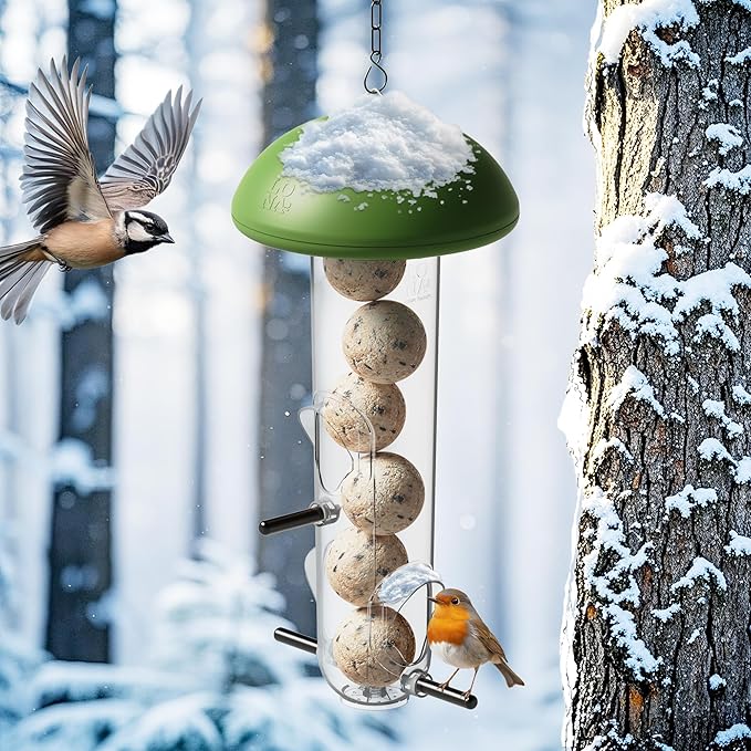LONA Suet Ball Bird Feeder Outdoor Hanging Fat Ball Feeders with Versatile Mount Durable Weatherproof Washable Transparent Tube Wire Steel Metal Feeder for Wild Birds