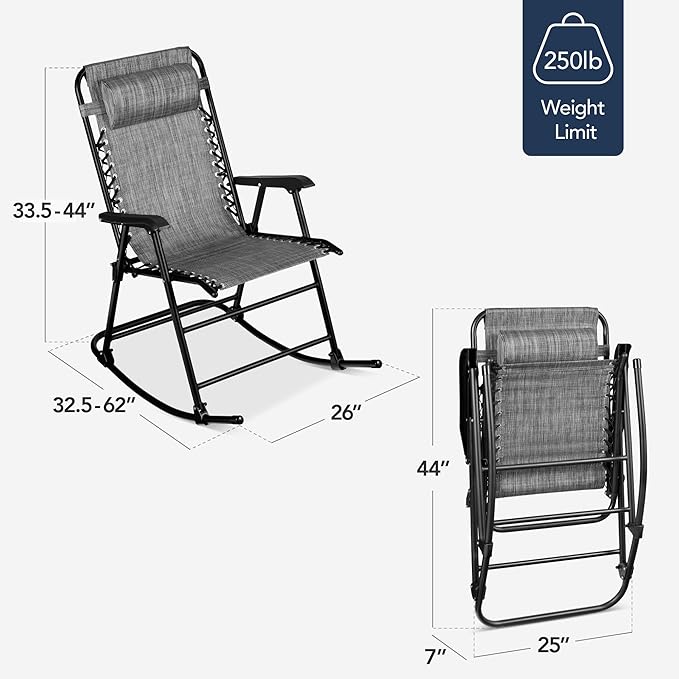 Best Choice Products Outdoor Folding Rocking Chair, Zero Gravity Lounge Chair, Patio Rocker w/Headrest Pillow - Gray