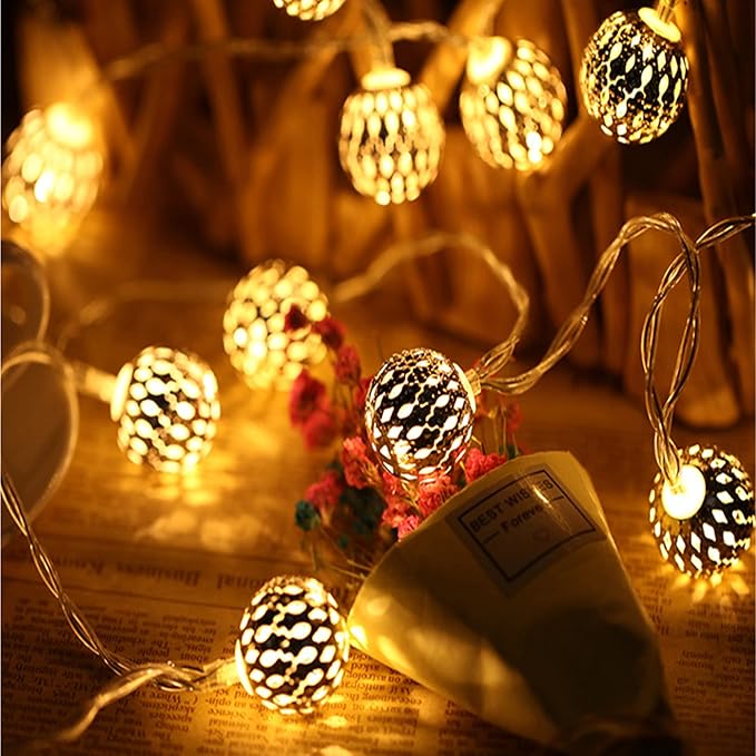 Dephen Solar String Lights - 15ft Outdoor 20LED Christmas Lights, Waterproof Warm White Moroccan for Patio Garden Party Festival Xmas Tree