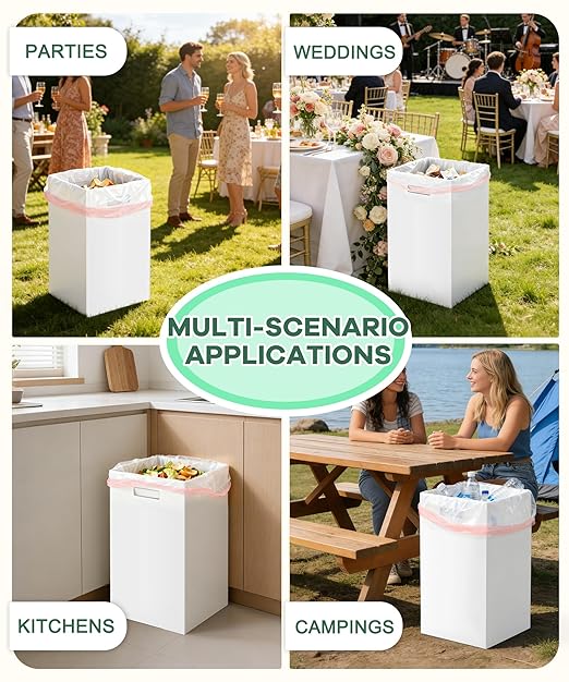4 Pack Corrugated Cardboard Disposable Trash Cans for Parties, 40 Gallon Collapsible Garbage Cans with Handle, Thick Foldable Bins for Party Events Camping Beach(18.1" L x 18.1" W x 35.7" H), White