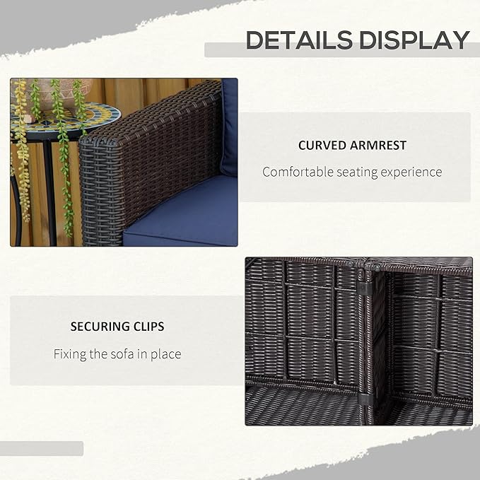 Outsunny 2 Piece Patio Wicker Corner Sofa Set, Outdoor PE Rattan Furniture, with Curved Armrests and Padded Cushions for Balcony, Garden, or Lawn, Dark Blue