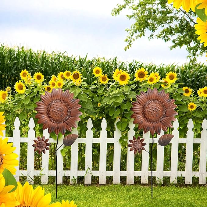 Silkfly 2 Pack Metal Sunflowers Outdoor Decor 22 Inch Vintage Rust Sunflower Decorative Garden Stakes for Outside Metal Flowers Yard Decor Art Spring Lawn Porch Patio Deocrations