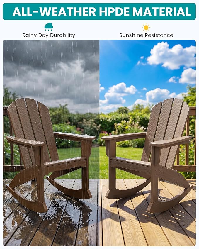 SERWALL Outdoor Adirondack Rocking Chairs Set of 2, All-Weather HDPE Adirondack Rocker Chair, Front Porch Rocker Chairs for Patio Lawn Porch Deck, Coffee