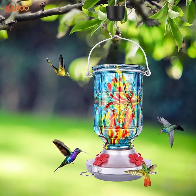Hummingbird Feeders for Outdoors with Ant Moat, Hand Blown Glass Hummingbird Feeder, 4 Feeding Ports with Perch, Outdoor Garden Décor, 15 OZ, Blue, Gifts for Mom Wife Dad Men Women