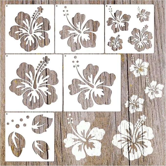 Large Flower Stencils Hibiscus Spring Floral Stencils for Painting for Wood Garden Fence Wall Furniture Fabrics DIY Decor (6 Hibiscus)