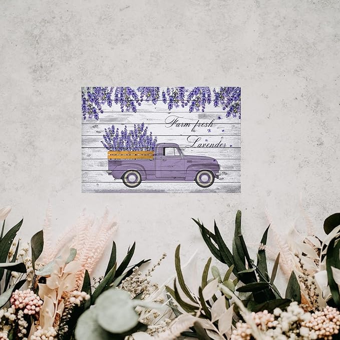 Flowers Metal Poster, Country Rustic Tin Sign, Farm Fresh Lavender Truck, Yard Garage Farm Outside Garden Wall Decor Plaque Outdoor for Home Fence 8 X 12 Inch