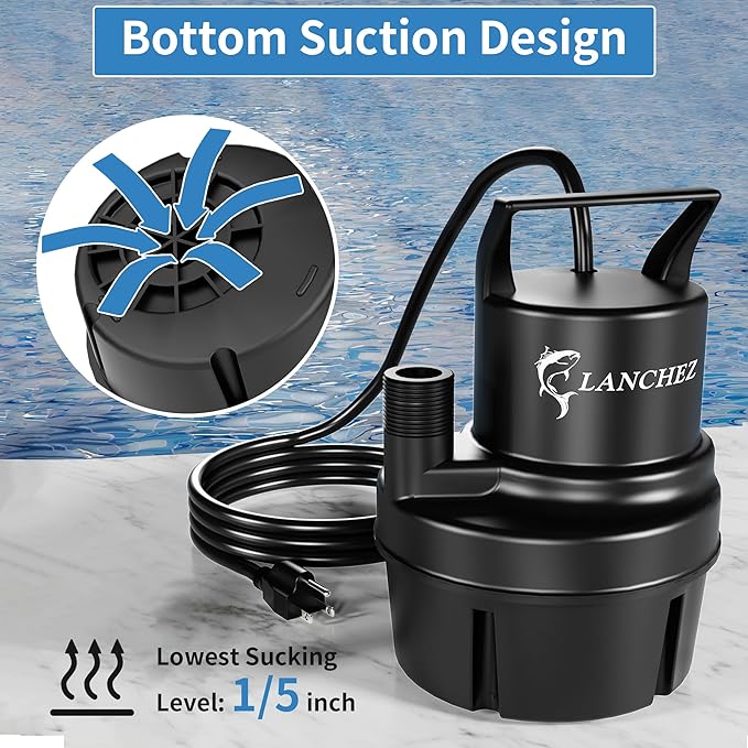 Lanchez Sump Pump, 1250 GPH Submersible Water Pump, 1/4 HP Portable Thermoplastic Low Suction Utility Pump With 25 Ft Cord for Swimming Pool, Basement, Garden Pond, Tubs Draining, Manual