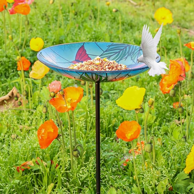 Bird Baths for Outdoors, Glass Birdbaths Outdoor Garden Birdfeeder with Metal Stake for Lawn Yard Decor, 24 Inch Height, Cardinal