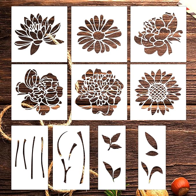 Large Flower Stencils Set, 12 x 12 Inch, 10 Pieces, DIY Art Templates for Walls, Wood, Fabric, Garden