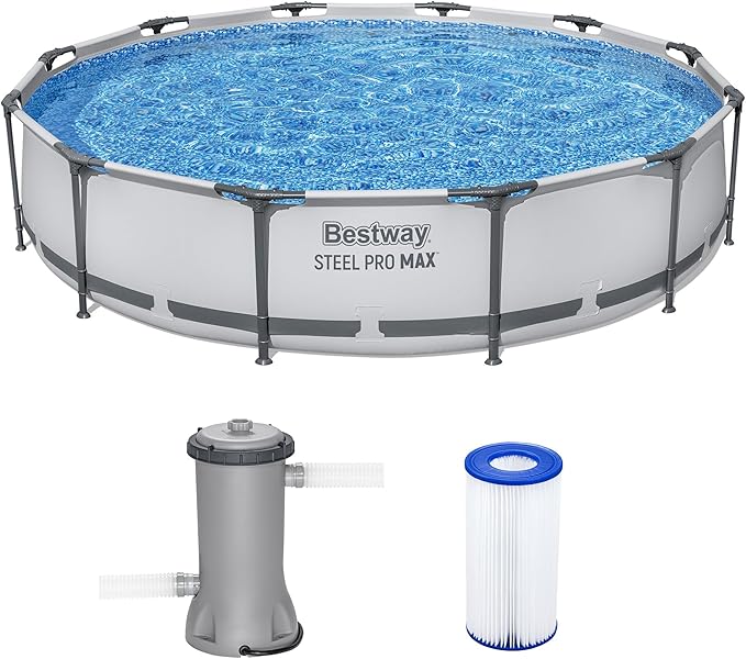 Bestway Steel Pro MAX 12' x 30" Above Ground Pool, Round Metal Frame Outdoor Swimming Pool Set with Filter Pump & Type III A/C Cartridge, Gray
