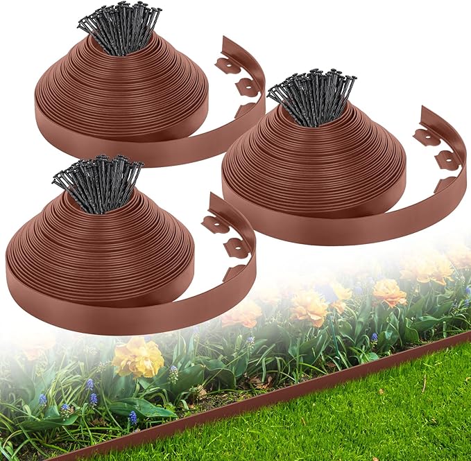 2-Inch x 200 FT Landscape Edging Border with 300 Stakes, Plastic Garden Edging Border Kit, Flexible No Dig Lawn Edging Border for Garden Flower Beds Yard Pathway Paver (Brown)