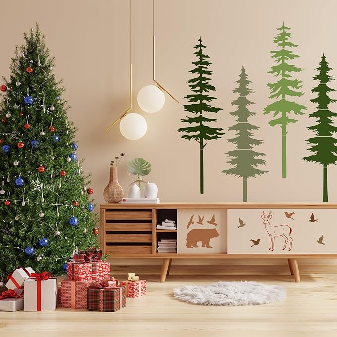 Forest Tree Stencil Set Large Pine Tree Stencils for Painting on Wood Reusable Forest Tree Mural Templates for Wall Garden Fence Window Furniture