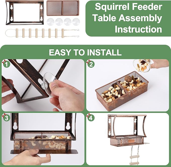 Enhon Window Squirrel Feeder, Metal Squirrel Feeders for Outside Winter with Strong Suction Cups & Ladders, Safe Funny Chipmunk Feeder, Feeding Shelter for Squirrels for Corn Peanuts