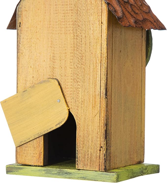 Glitzhome Birdhouse for Outdoor Hanging, 9.7" H Patio Garden Pet Cottage Distressed Decorative Birdhouse Wooden Bird House for Bluebird Wren Sparrow Finch Cardinal, Leaves Rustic Yellow