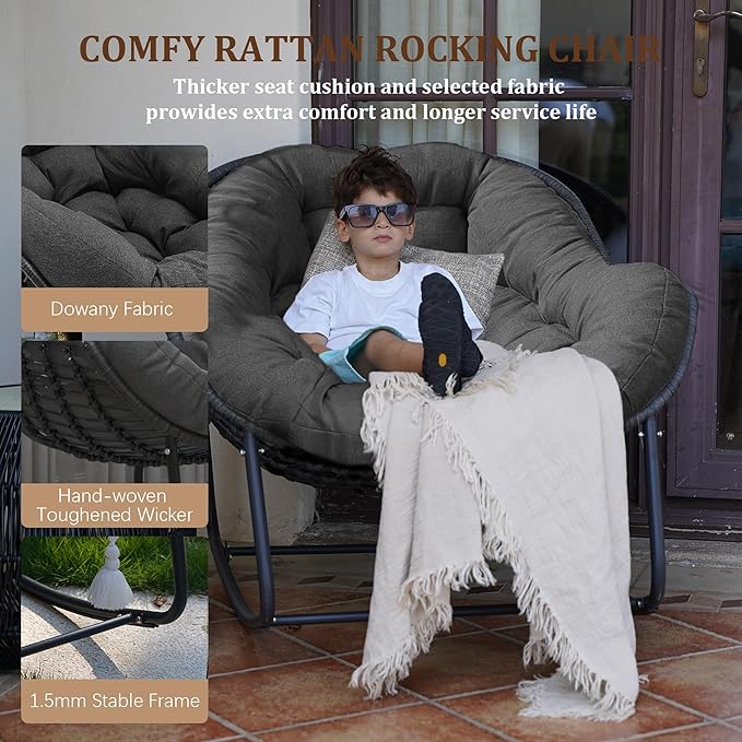Oversized Rocking Chair Outdoor Set of 2, Rocking Papasan Chair, Patio Egg Chair with Padded Cushion, Outdoor Wicker Rocking Chair for Front Porch, Garden, Patio (Beige)